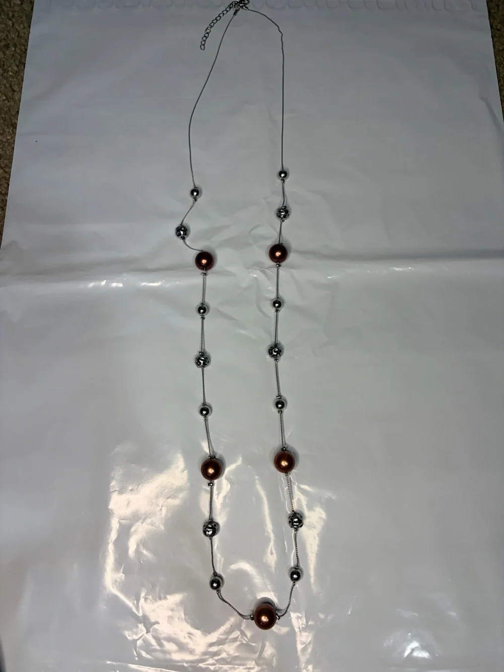 Women's Long Necklace with Copper Beads and Silver Accents